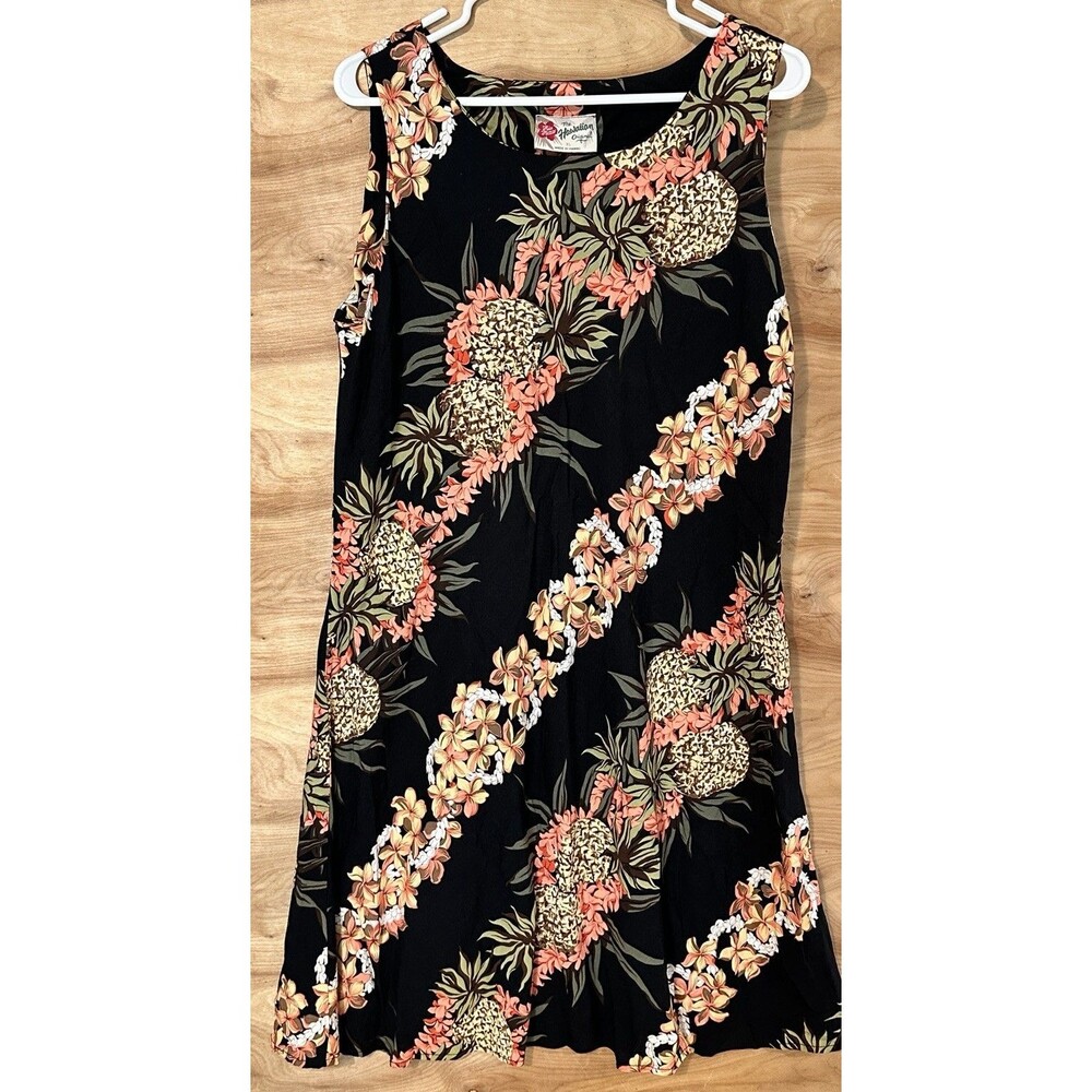 VTG. Hilo Hattie Women XL Floral Pineapple Hawaiian Midi Dress Luau Aloha Camp